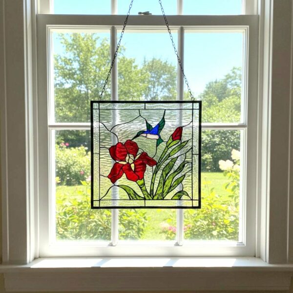 Gorgeous! Iris & Hummingbird Leaded Stained Glass Window Panel