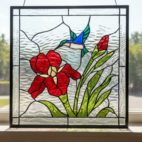 Gorgeous! Iris & Hummingbird Leaded Stained Glass Window Panel