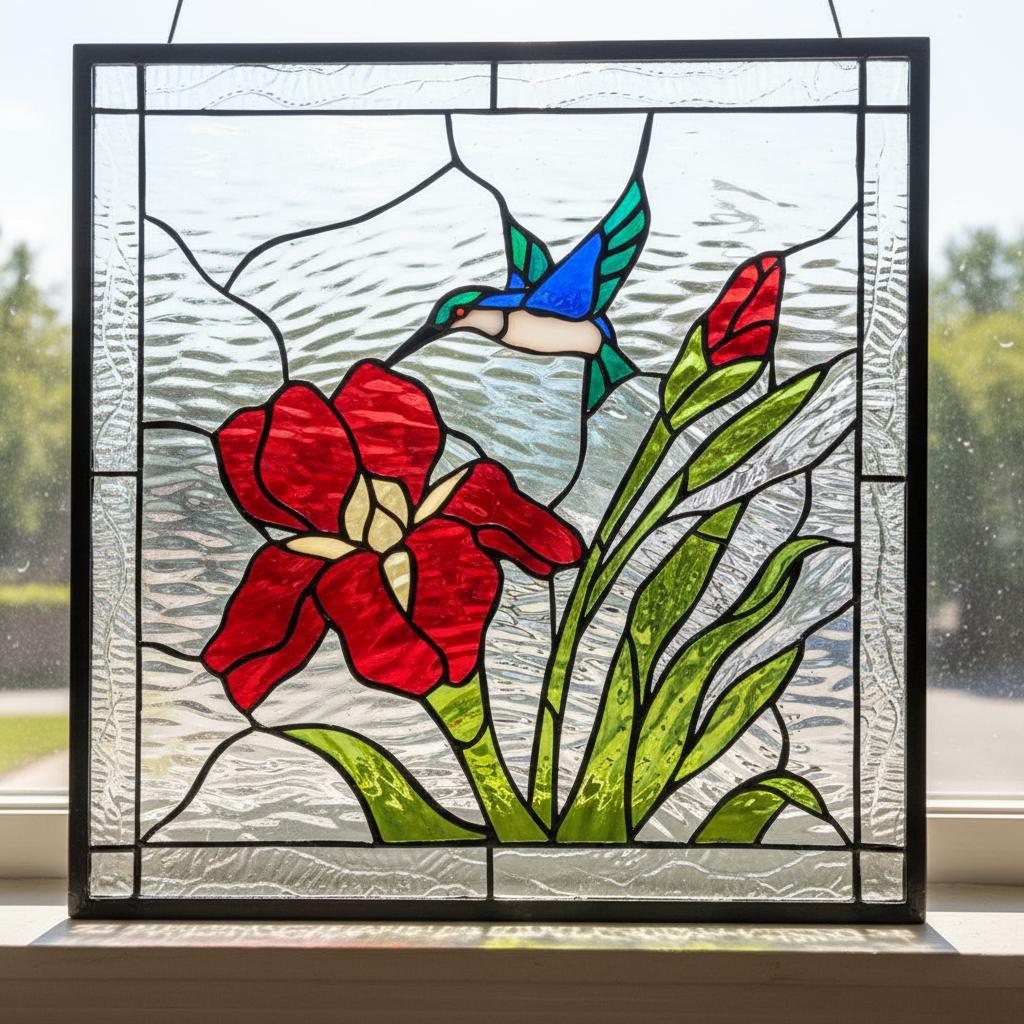 Gorgeous! Iris & Hummingbird Leaded Stained Glass Window Panel