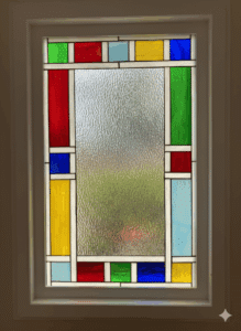 A rectangular, vinyl-framed insulated window with a stained glass panel. The design has a large, central pane of clear textured privacy glass, surrounded by a geometric border of brightly colored rectangles in red, blue, green, and yellow.