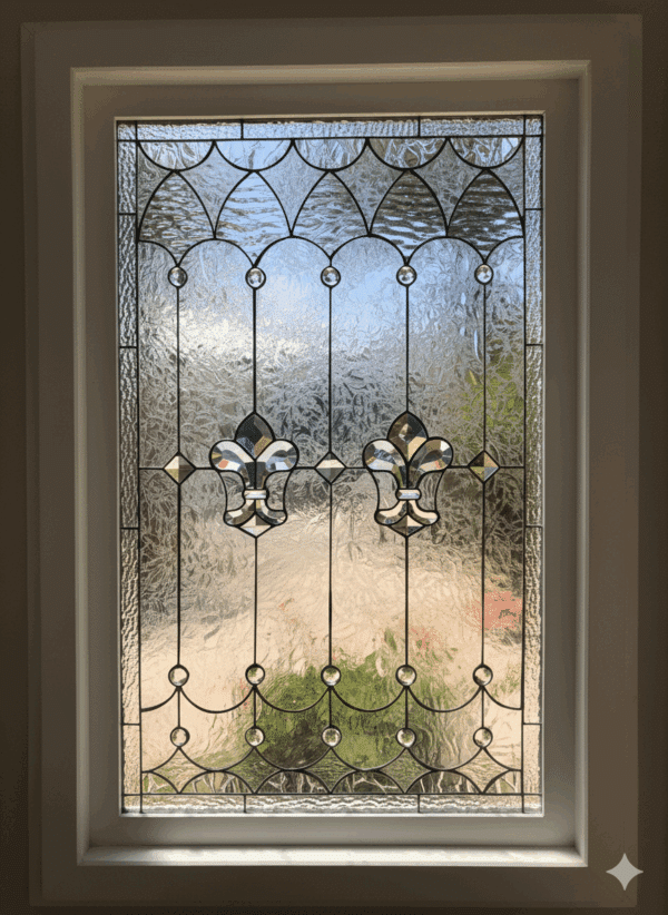 Vinyl framed & Insulated! The “Wildomar” Fleur de lis Leaded Stained Window Glass Window