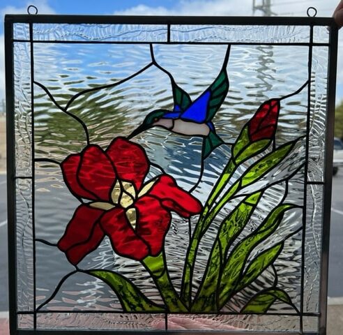 Gorgeous! Iris & Hummingbird Leaded Stained Glass Window Panel
