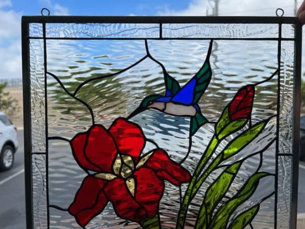Gorgeous! Iris & Hummingbird Leaded Stained Glass Window Panel