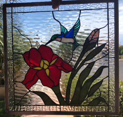 Gorgeous! Iris & Hummingbird Leaded Stained Glass Window Panel