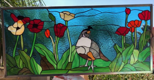 Lovely Quail & Poppies Leaded Stained Glass Window Panel