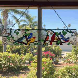 A rectangular horizontal stained glass panel featuring multiple colorful birds perched on flowering branches, set against a clear textured glass background.