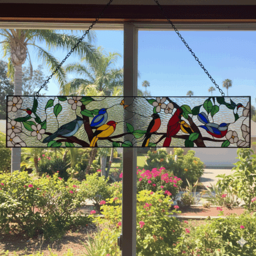 A rectangular horizontal stained glass panel featuring multiple colorful birds perched on flowering branches, set against a clear textured glass background.