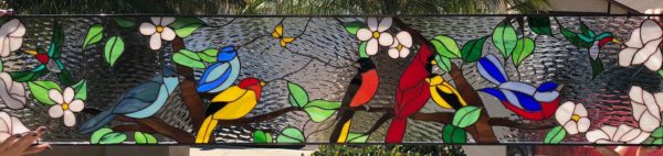 Colorful! Bird Gathering #2 Transom Stained Glass Window