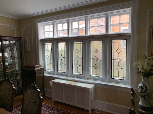 Five Classic Leaded Glass Windows Installed In A Living Room For Curb Appeal, Privacy And Beauty