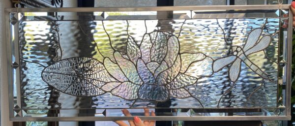 The "Dragonfly, Lily Pad and Lotus Flower " Leaded stained Glass Window Panel