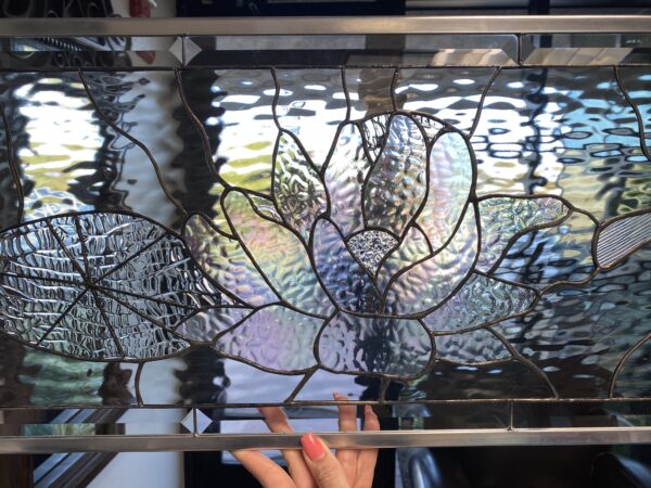 The "Dragonfly, Lily Pad and Lotus Flower " Leaded stained Glass Window Panel