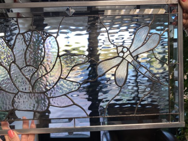 The "Dragonfly, Lily Pad and Lotus Flower " Leaded stained Glass Window Panel