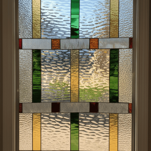 A rectangular Mission Prairie style stained glass window with a symmetrical, geometric design. The pattern is a mix of various clear textured and beveled glasses, accented with colored glass in shades of amber, green, and reddish-orange.