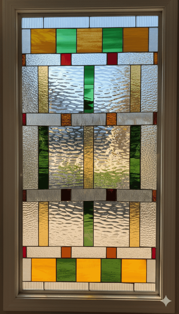 A rectangular Mission Prairie style stained glass window with a symmetrical, geometric design. The pattern is a mix of various clear textured and beveled glasses, accented with colored glass in shades of amber, green, and reddish-orange.