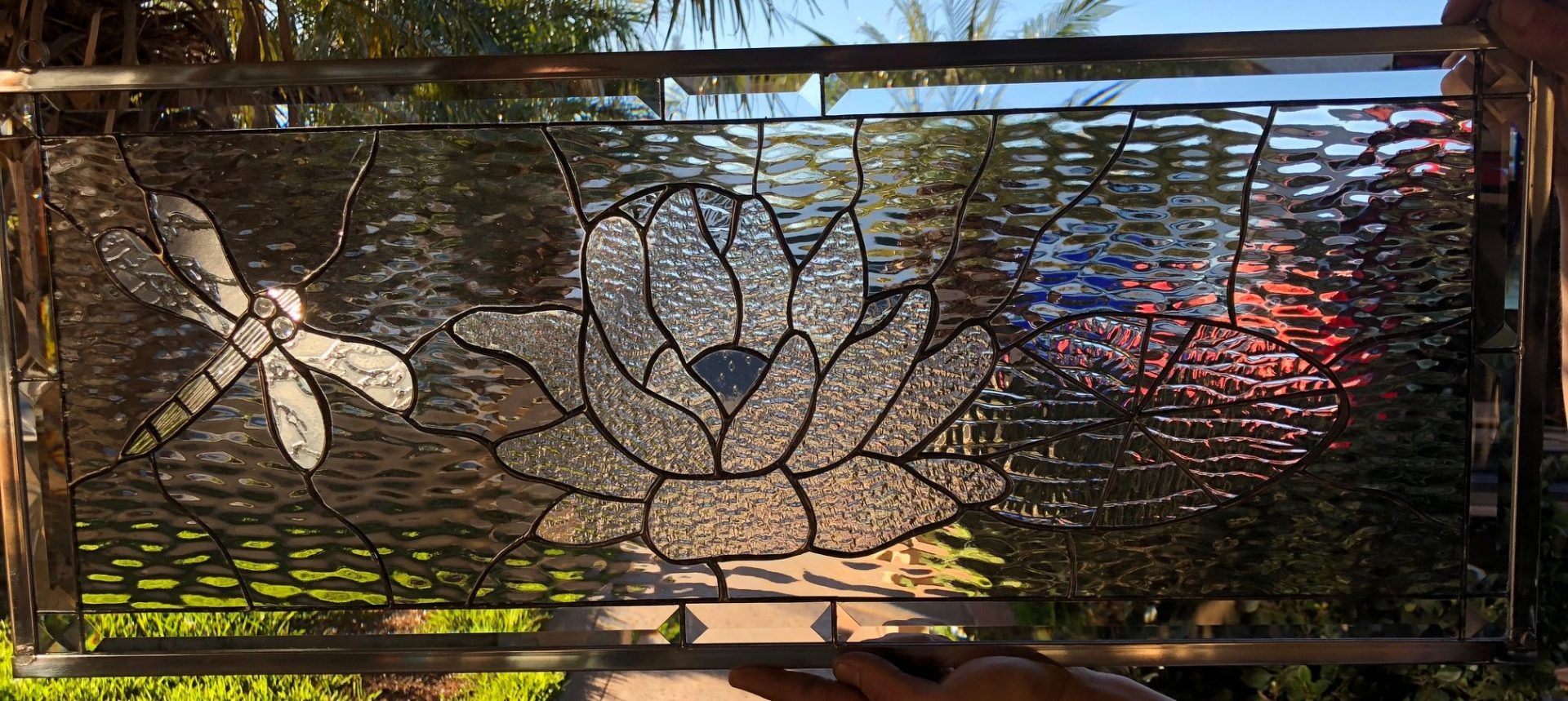 The "Dragonfly, Lily Pad And Lotus Flower " Leaded Stained Glass Window