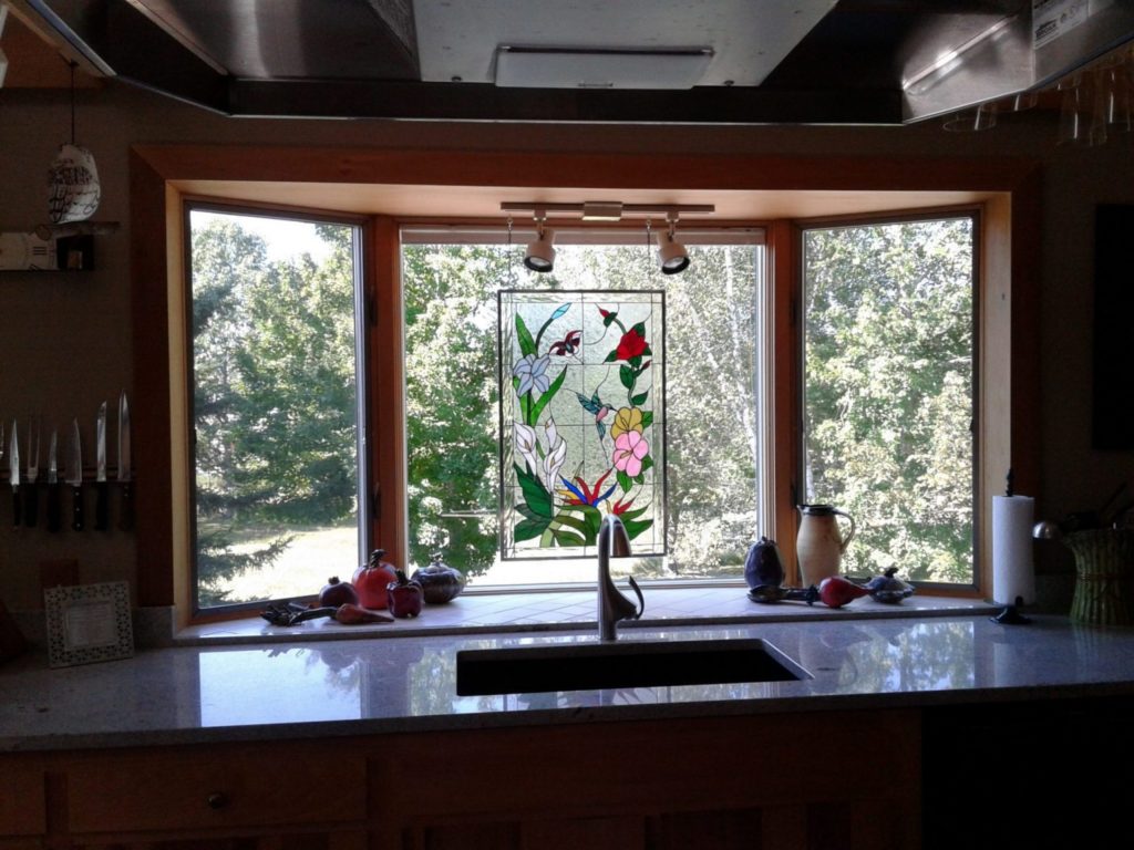 hummingbirds and flowers stained glass panel