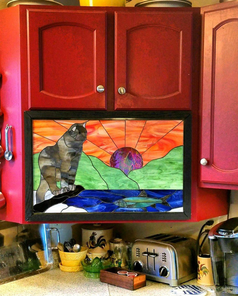 Lynx and trout stained glass cabinet insert