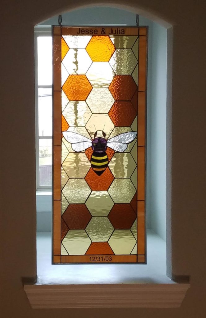Bumble bee and honeycomb personalized stained glass window hanging by chain