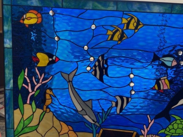 Incredible! Large Dolphin, Sea Life and Treasure Chest Stained Glass Window