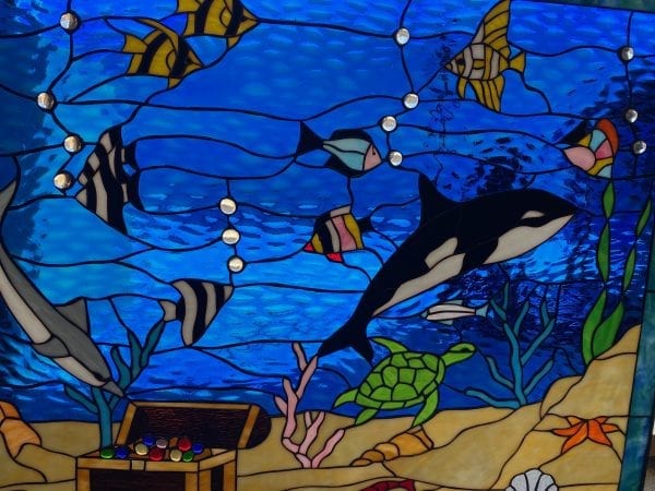Incredible! Large Dolphin, Sea Life and Treasure Chest Stained Glass Window
