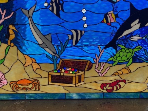 Incredible! Large Dolphin, Sea Life and Treasure Chest Stained Glass Window