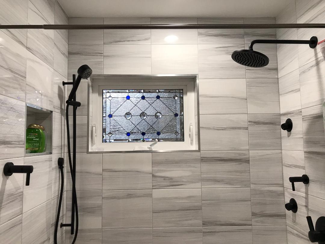 Gorgeous Beveled Glass Window Installed In Shower Area