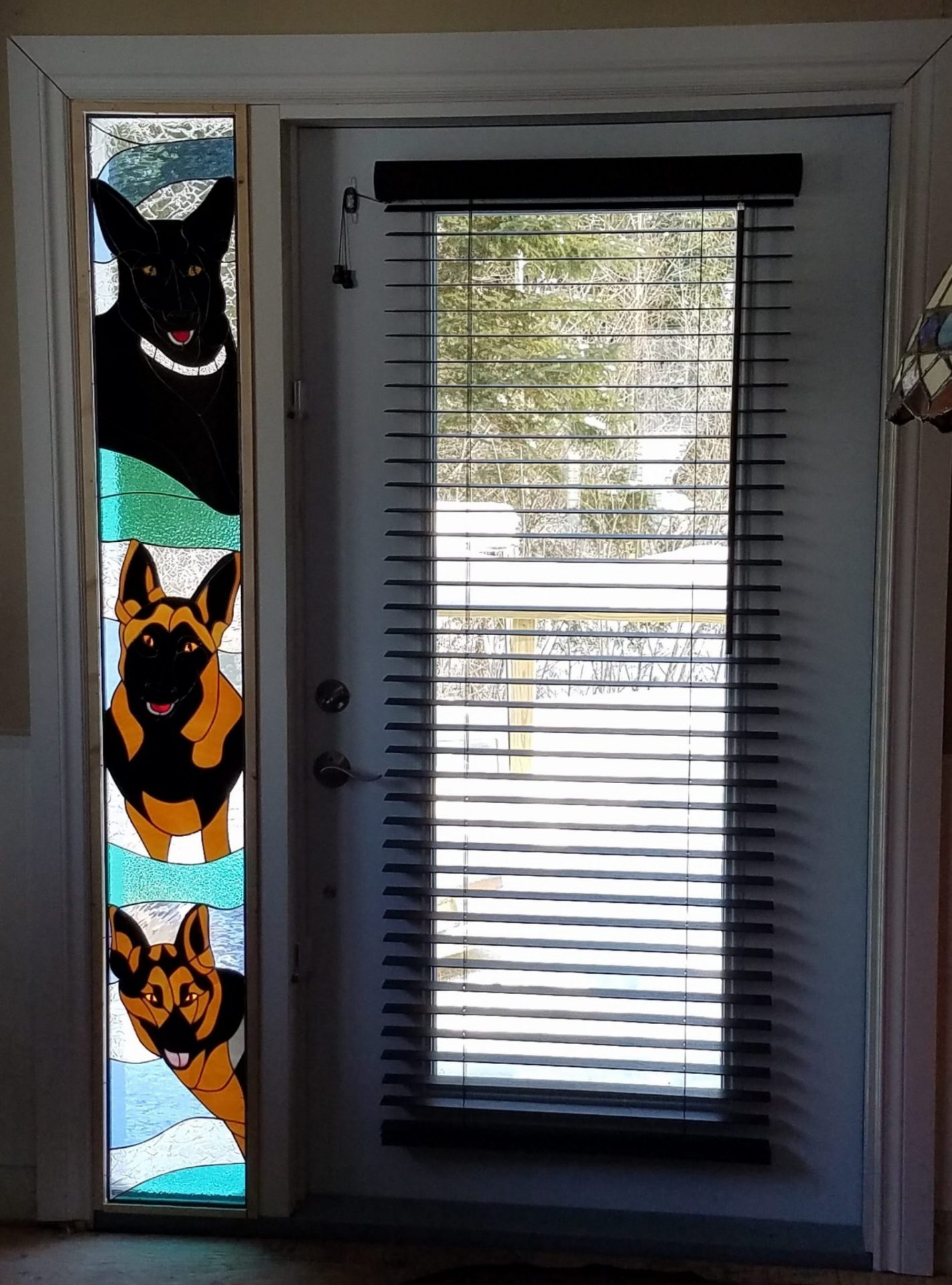 Dog and Bird Pets Made Into Stained Glass Window Sidelites For Entryways
