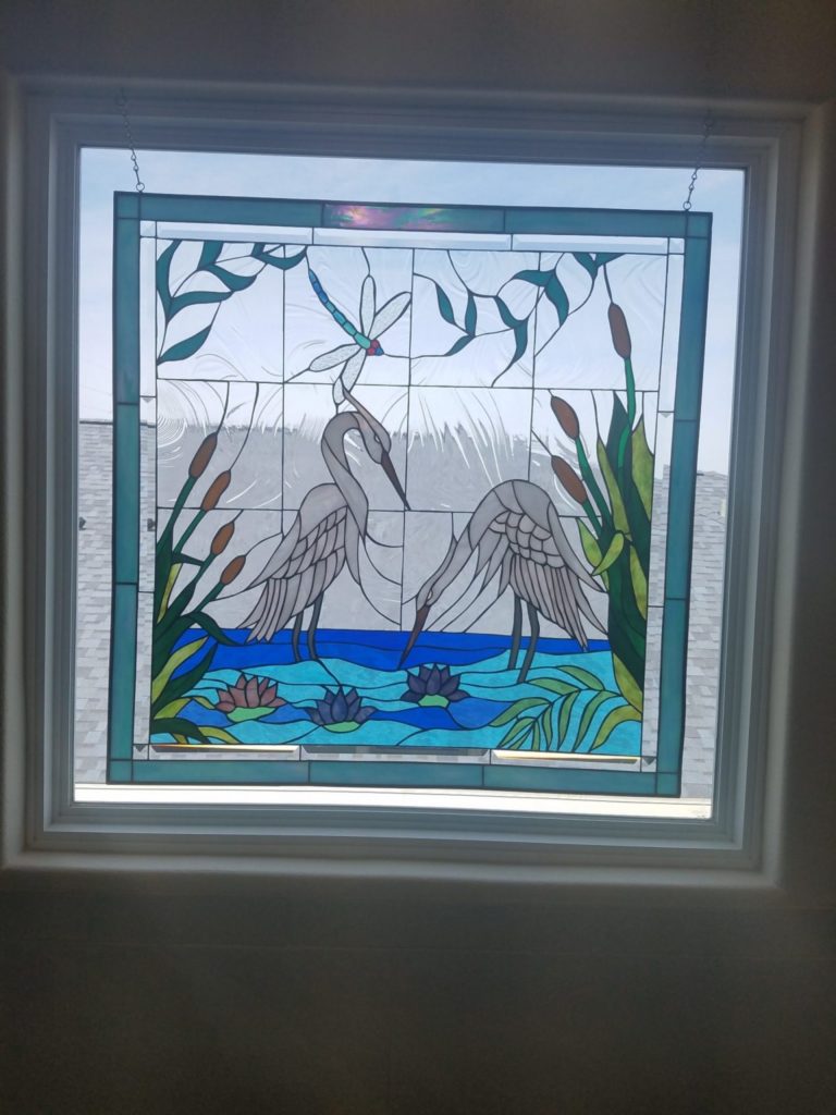  Egret And Water Lilies Stained Glass Panel Hung Above A Bathtub For Decor & Beauty