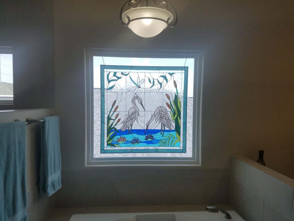  Egret And Water Lilies Stained Glass Panel Hung Above A Bathtub For Decor & Beauty