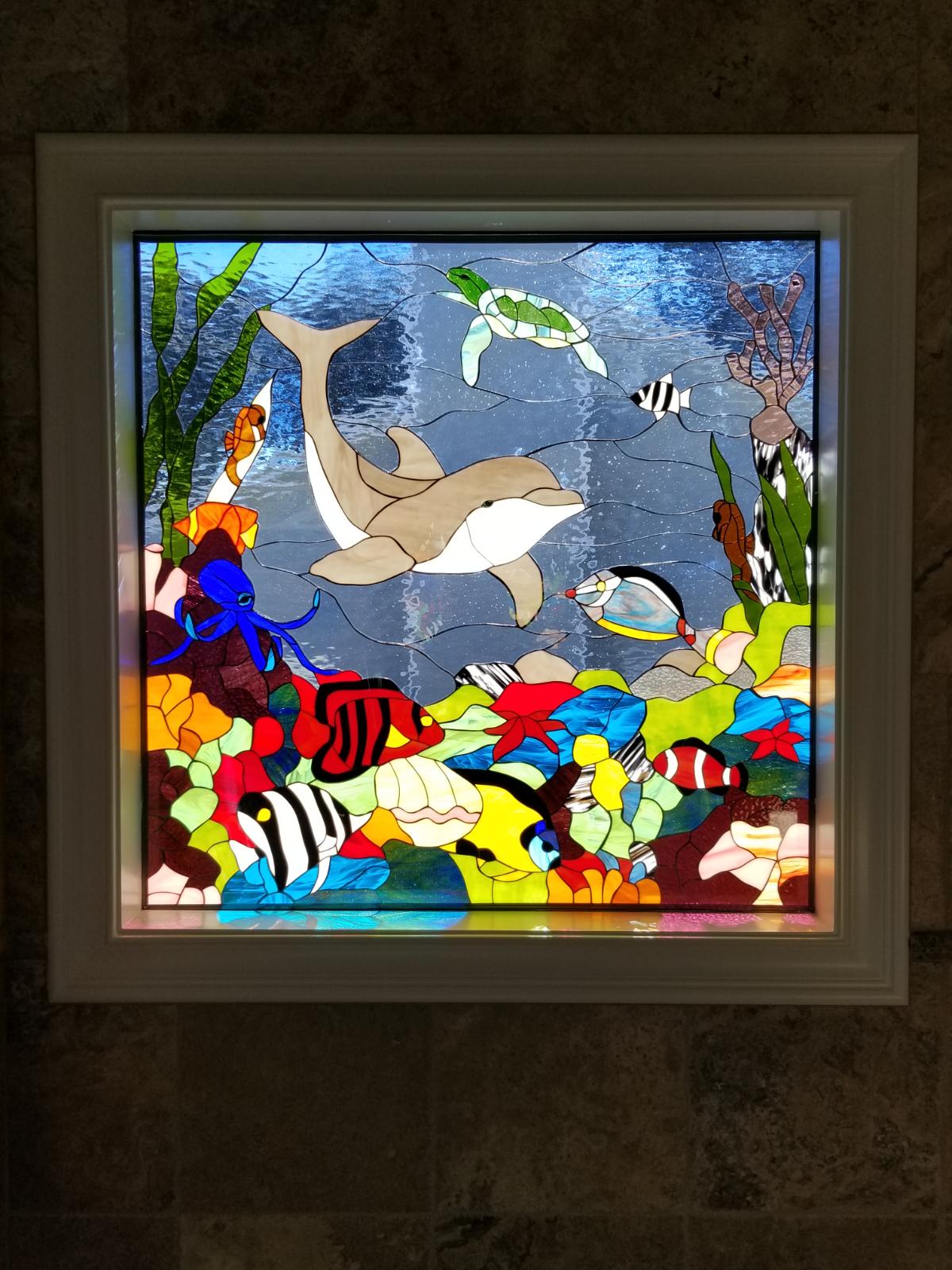 Incredible Colors! Dolphin, Sealife, and Coral Stained Glass Window Installed In A Bathroom