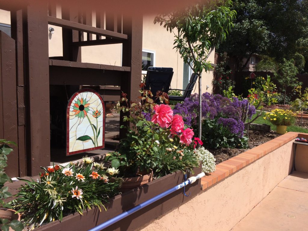 An arched stained glass panel depicting a stylized sunflower with an orange center, green petals, stem, and leaves, set against a subtly textured clear glass background, framed by a deep red border, hanging from a dark wood outdoor structure.