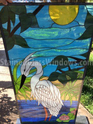 Triple glazed! Large White Egret/Heron & Pond Leaded Stained Glass Window Panel