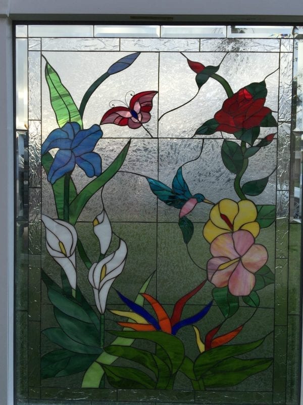 Butterfly, Hummingbird & Flowers Insulated Leaded Stained Glass Window Panel, Pre-installed into a Vinyl Frame