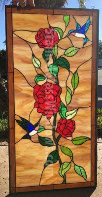 Elegant ! Hummingbird & Red Roses Leaded Stained Glass Window Panel