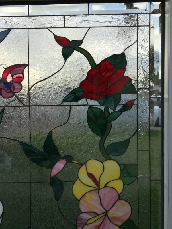 Butterfly, Hummingbird & Flowers Insulated Leaded Stained Glass Window Panel, Pre-installed into a Vinyl Frame