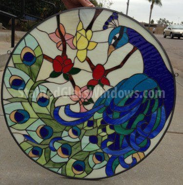 Peacock Tail & Flowers Leaded Stained Glass Window Panel