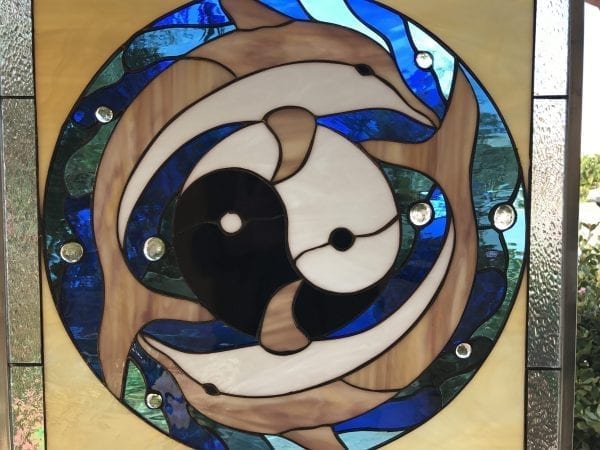 Ying Yang & Dolphins Leaded Stained Glass Window Panel