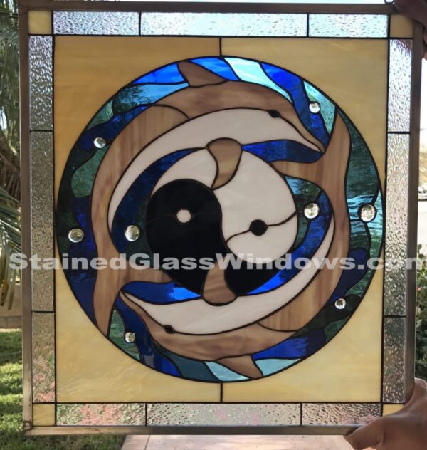 Ying Yang & Dolphins Leaded Stained Glass Window Panel