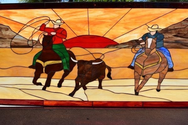 Unique! Cowboys Calf Roping At Sunset Leaded Stained Glass Window Panel