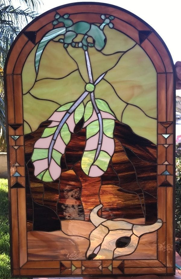 Indian Feathers & Iguana Lizard Leaded Stained Glass Window Panel