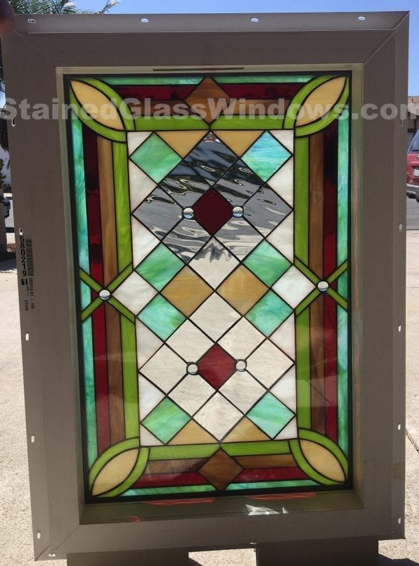 The “Malibu” Leaded Stained Glass Window Panel Insulated And Pre-installed Into Frame Vinyl Frame