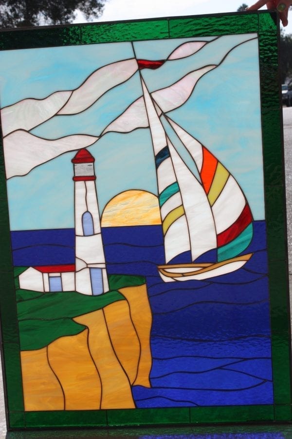 Lighthouse & Sailboat Leaded Stained Glass Window Panel