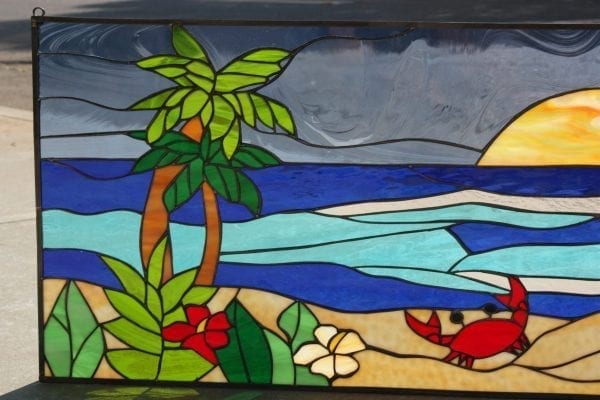 So nice!! Crab, Palm Tree, Flowers & Sunset Leaded Stained Glass Window Panel