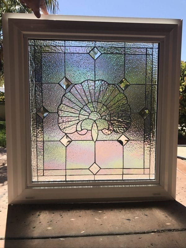 Vinyl Framed and Tempered Glass Insulated!! Iridescent Scallop Seashell Stained Glass & Beveled Window