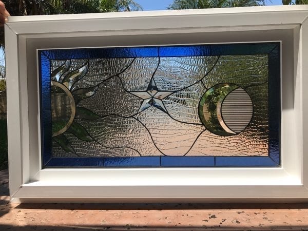 Install ready! Vinyl Framed and Insulated The Sun & Moon "Galaxy" Leaded Stained Glass & Beveled Window