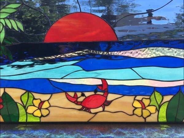 So nice!! Crab, Palm Tree, Flowers & Sunset Leaded Stained Glass Window Panel