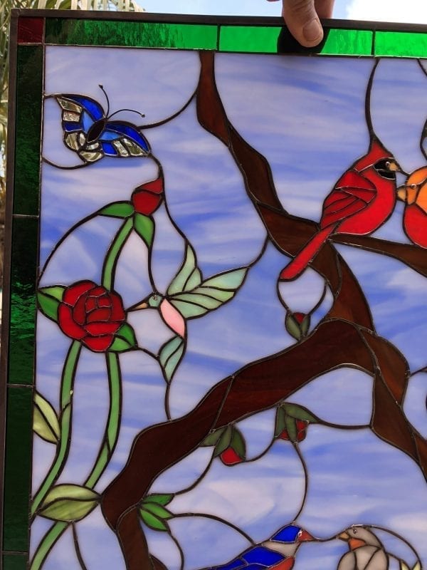 Lovely! "Birds, Butterflies And Roses" Leaded Stained Glass Window Panel