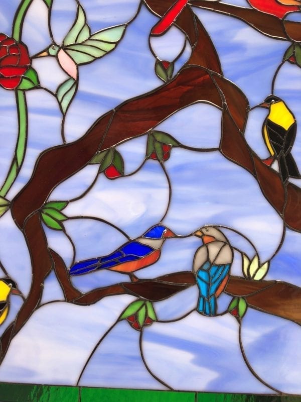 Lovely! "Birds, Butterflies And Roses" Leaded Stained Glass Window Panel