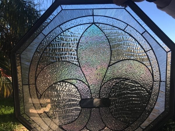 Octagon Fleur De Lis Stained & Clear Textured Leaded Glass Window Insert