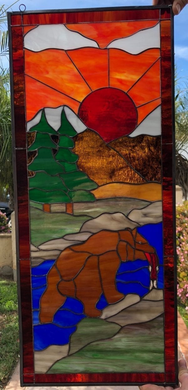Bear, Sunset, River and Salmon Leaded Stained Glass Window Panel